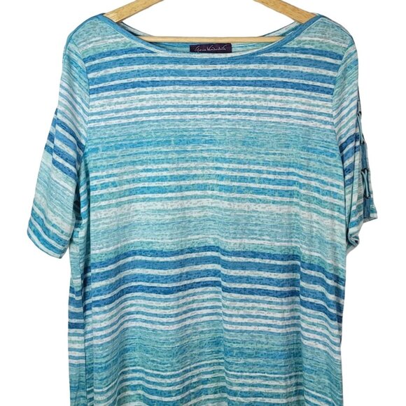 Gloria Vanderbilt Stripe Top Blue Green XXL Pullover Lace Up Sleeve Short Sleeve - Picture 2 of 7